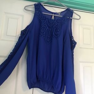 Royal blue lace open shoulder long sleeve blouse